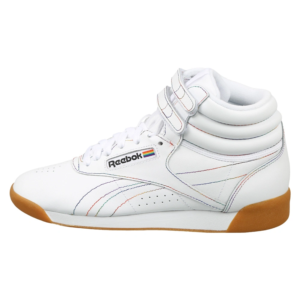 WOMEN'S REEBOK CLASSICS FREESTYLE HI PRIDE SHOES- B-WHITE/CANRED/COBALT-3-1