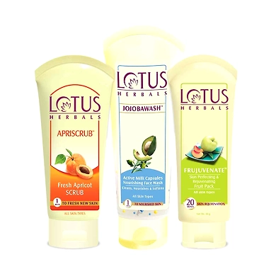 Lotus Herbals Natural Face Care Combo( Fruit Pack 60gm+ Apri scrub 60gm + Jojoba wash 80gm)-