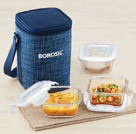 3 Square Container Microwavable Glass Lunch Box-