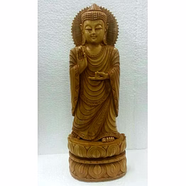 hand-carved wooden standing buddha statue