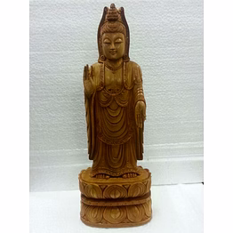 hand-carved wooden standing bodhisattva statue