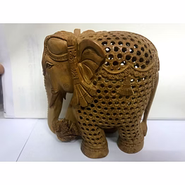 intricately hand-carved wooden jali elephant statue