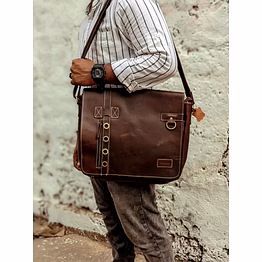 vintage leather messenger bag with ring detail