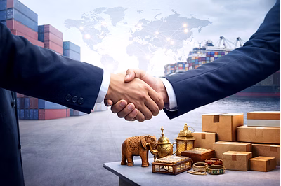 Global export supplier partnership with logistics, shipping containers, and business handshake repre