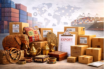 Indian handicrafts prepared for export with packaging, shipping, and global trade elements represent