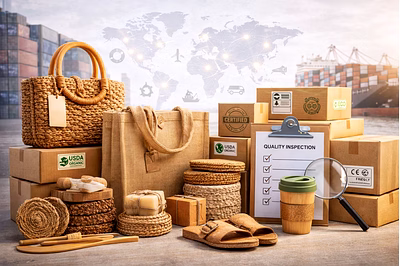 Eco-friendly export products with sustainable materials, quality checks, packaging, and compliance e