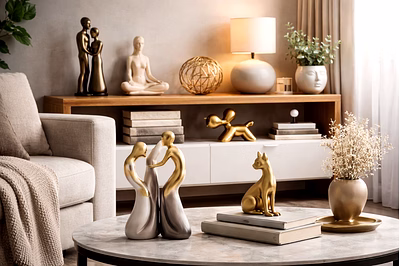 Decorative figurines styled in a modern interior with elegant shelves, table décor, and contemporary