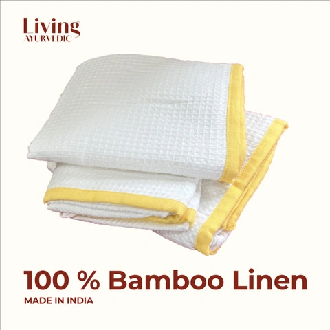 Living Ayurvedic Premium Bamboo Waffle Bath Towel with Linen Border in Colour Sunny Yellow-12608282