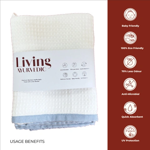 Living Ayurvedic Premium Bamboo Waffle Bath Towel with Linen Border in Colour Ocean Blue-1