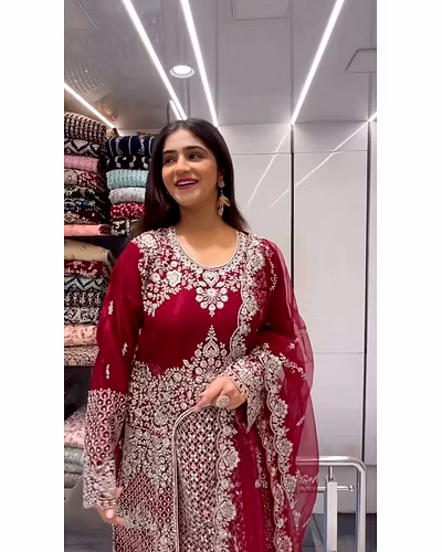 Elegant Faux Georgette Designer Suit with Intricate Thread &amp; Sequin Work-RKD1460-Red