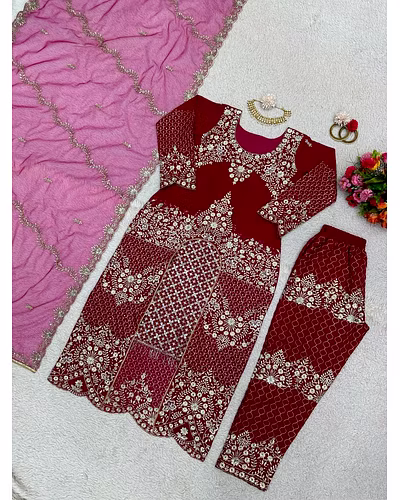Elegant Faux Georgette Designer Suit with Intricate Thread &amp; Sequin Work-Red-2