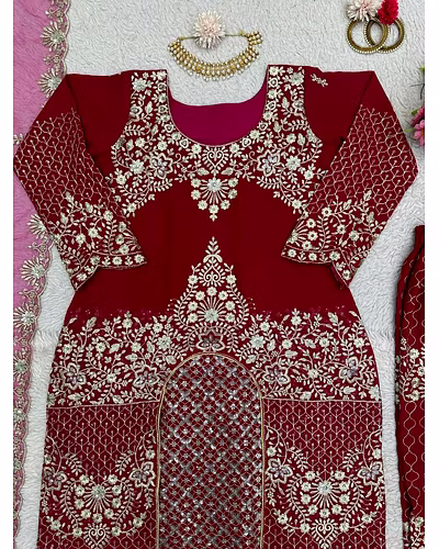 Elegant Faux Georgette Designer Suit with Intricate Thread &amp; Sequin Work-Red-3