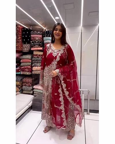 Elegant Faux Georgette Designer Suit with Intricate Thread &amp; Sequin Work-Red-4
