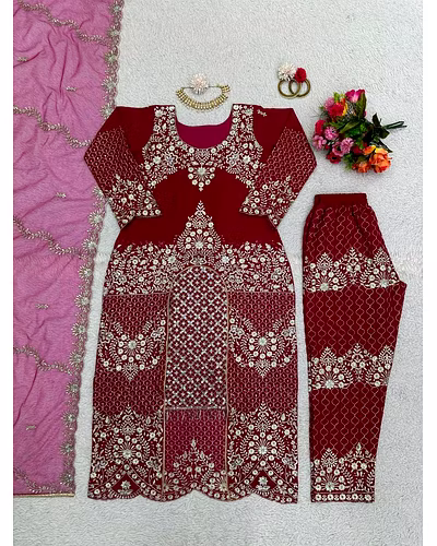 Elegant Faux Georgette Designer Suit with Intricate Thread &amp; Sequin Work-Red-5