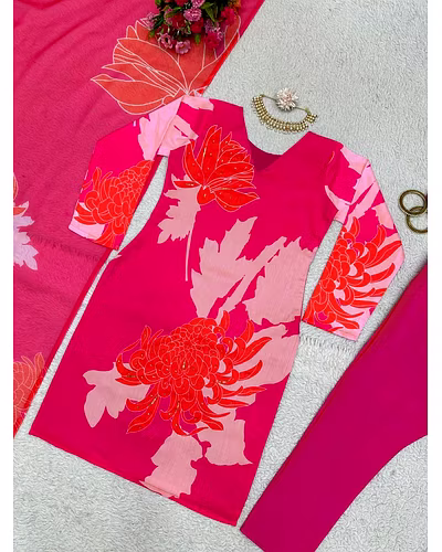 Elegant Designer Muslin Cotton Suit with Crep Pants &amp; Digital Print Tibby Silk Dupatta-Red-M-3