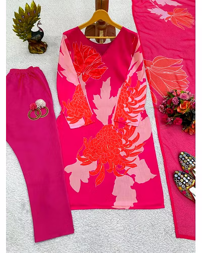 Elegant Designer Muslin Cotton Suit with Crep Pants &amp; Digital Print Tibby Silk Dupatta-Red-M-4