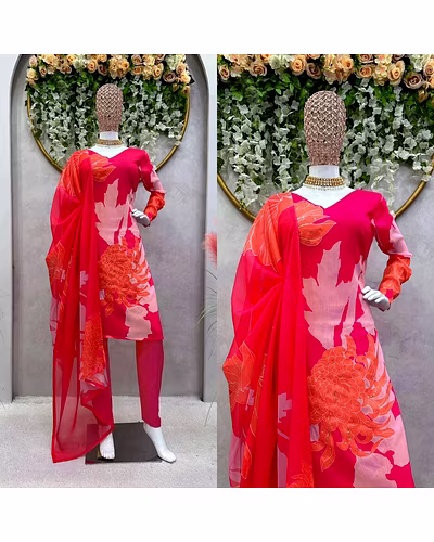 Elegant Designer Muslin Cotton Suit with Crep Pants &amp; Digital Print Tibby Silk Dupatta-RKD1453-Red-L