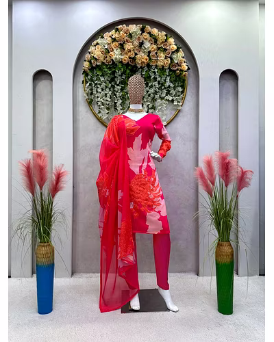 Elegant Designer Muslin Cotton Suit with Crep Pants &amp; Digital Print Tibby Silk Dupatta-Red-L-1