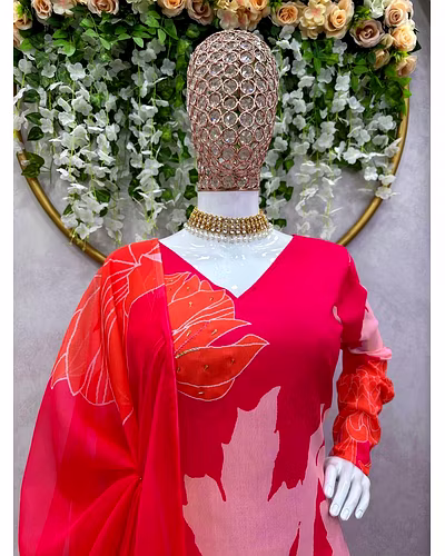 Elegant Designer Muslin Cotton Suit with Crep Pants &amp; Digital Print Tibby Silk Dupatta-Red-XL-2