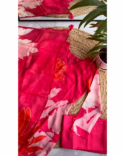 Elegant Designer Muslin Cotton Suit with Crep Pants &amp; Digital Print Tibby Silk Dupatta-Red-XL-5