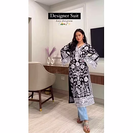 ynf designer faux georgette suit with chain-stitch and crepe pants