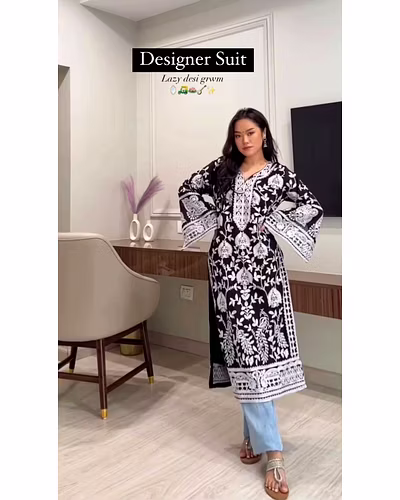 Designer Faux Georgette Suit with Chain-Stitch and Crepe Pants-RKD1452-Black-M