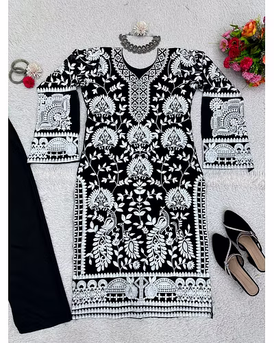 Designer Faux Georgette Suit with Chain-Stitch and Crepe Pants-Black-M-3