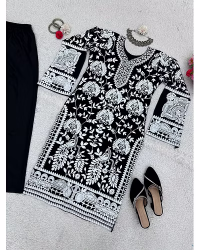Designer Faux Georgette Suit with Chain-Stitch and Crepe Pants-Black-L-5