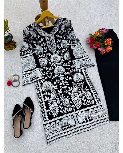 Designer Faux Georgette Suit with Chain-Stitch and Crepe Pants-Black-XL-4