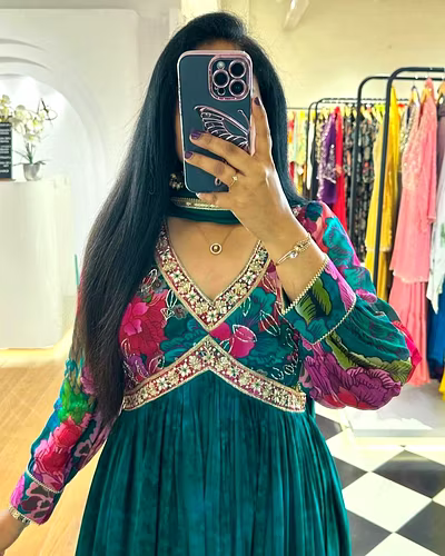 Designer Faux Georgette Suit with Digital Print, Thread &amp; Sequence Work + Dupatta-RKD1451-Rama-XL