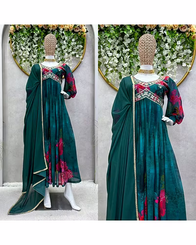 Designer Faux Georgette Suit with Digital Print, Thread &amp; Sequence Work + Dupatta-XL-Rama-1