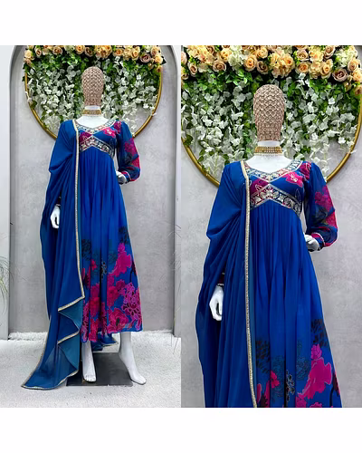 Designer Faux Georgette Suit with Digital Print, Thread &amp; Sequence Work + Dupatta-M-Blue-1