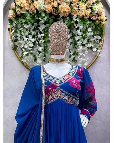 Designer Faux Georgette Suit with Digital Print, Thread &amp; Sequence Work + Dupatta-M-Blue-2