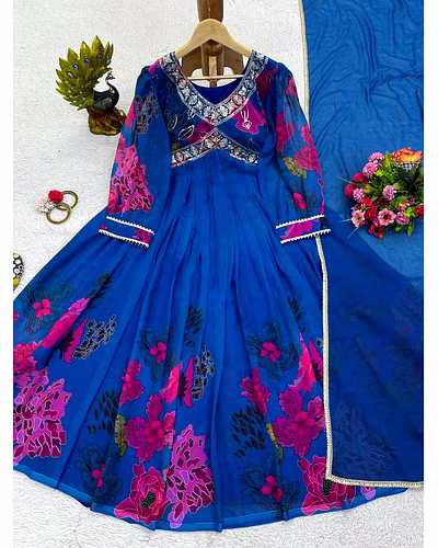 Designer Faux Georgette Suit with Digital Print, Thread &amp; Sequence Work + Dupatta-XL-Blue-3