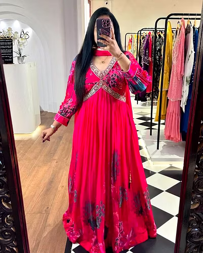 Designer Faux Georgette Suit with Digital Print, Thread &amp; Sequence Work + Dupatta-RKD1451-Red-M