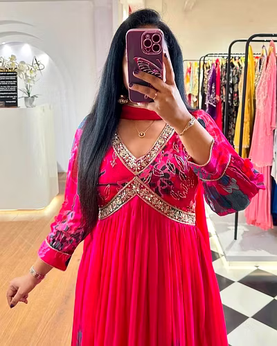 Designer Faux Georgette Suit with Digital Print, Thread &amp; Sequence Work + Dupatta-L-Red-1