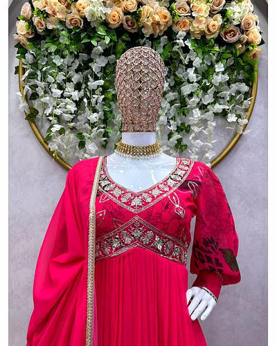 Designer Faux Georgette Suit with Digital Print, Thread &amp; Sequence Work + Dupatta-L-Red-3