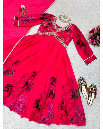 Designer Faux Georgette Suit with Digital Print, Thread &amp; Sequence Work + Dupatta-L-Red-5