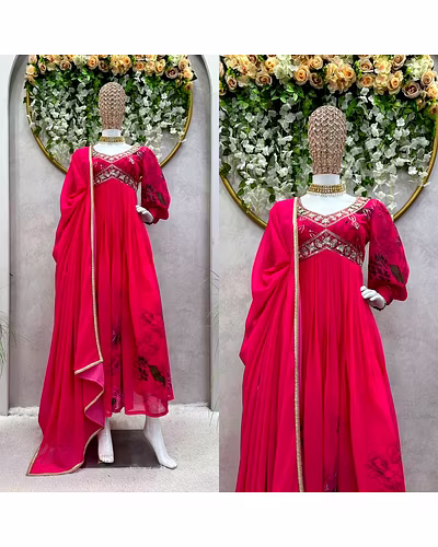 Designer Faux Georgette Suit with Digital Print, Thread &amp; Sequence Work + Dupatta-XL-Red-2