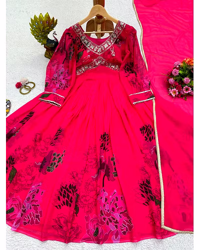Designer Faux Georgette Suit with Digital Print, Thread &amp; Sequence Work + Dupatta-XL-Red-4