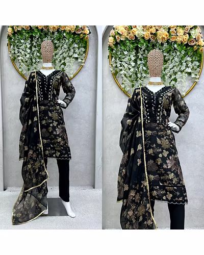 Elegant Tibby Silk Designer Suit with Digital Print, Sequins, Thread Work, Crepe Pants-RKD1440-Black-M