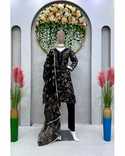 Elegant Tibby Silk Designer Suit with Digital Print, Sequins, Thread Work, Crepe Pants-Black-M-1