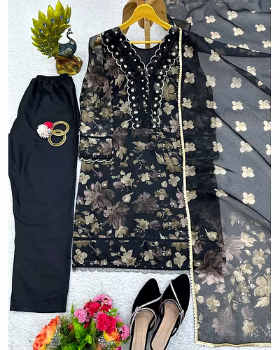Elegant Tibby Silk Designer Suit with Digital Print, Sequins, Thread Work, Crepe Pants-Black-M-3