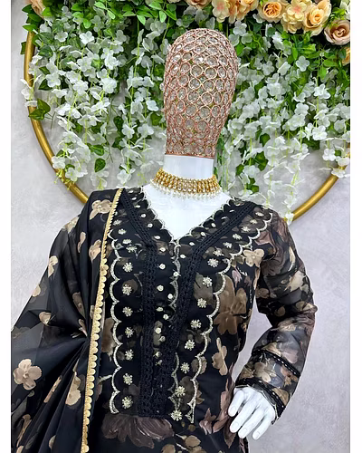 Elegant Tibby Silk Designer Suit with Digital Print, Sequins, Thread Work, Crepe Pants-Black-XL-2
