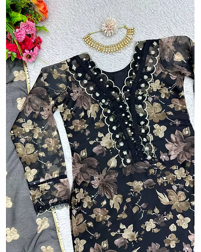 Elegant Tibby Silk Designer Suit with Digital Print, Sequins, Thread Work, Crepe Pants-Black-XL-4