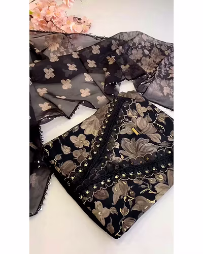 Elegant Tibby Silk Designer Suit with Digital Print, Sequins, Thread Work, Crepe Pants-Black-XL-5