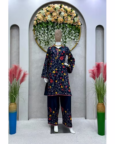 Premium Designer Suit in Reyon Fabric with Inner &amp; Chain-Stitch Work-Navy Blue-M-3