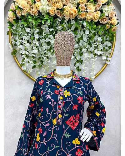 Premium Designer Suit in Reyon Fabric with Inner &amp; Chain-Stitch Work-Navy Blue-M-4
