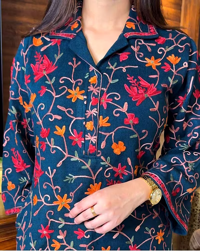 Premium Designer Suit in Reyon Fabric with Inner &amp; Chain-Stitch Work-Navy Blue-L-2