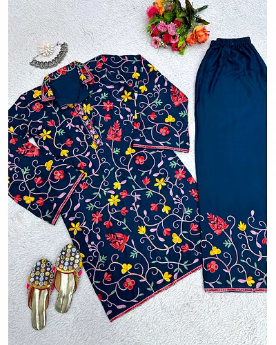 Premium Designer Suit in Reyon Fabric with Inner &amp; Chain-Stitch Work-Navy Blue-L-5